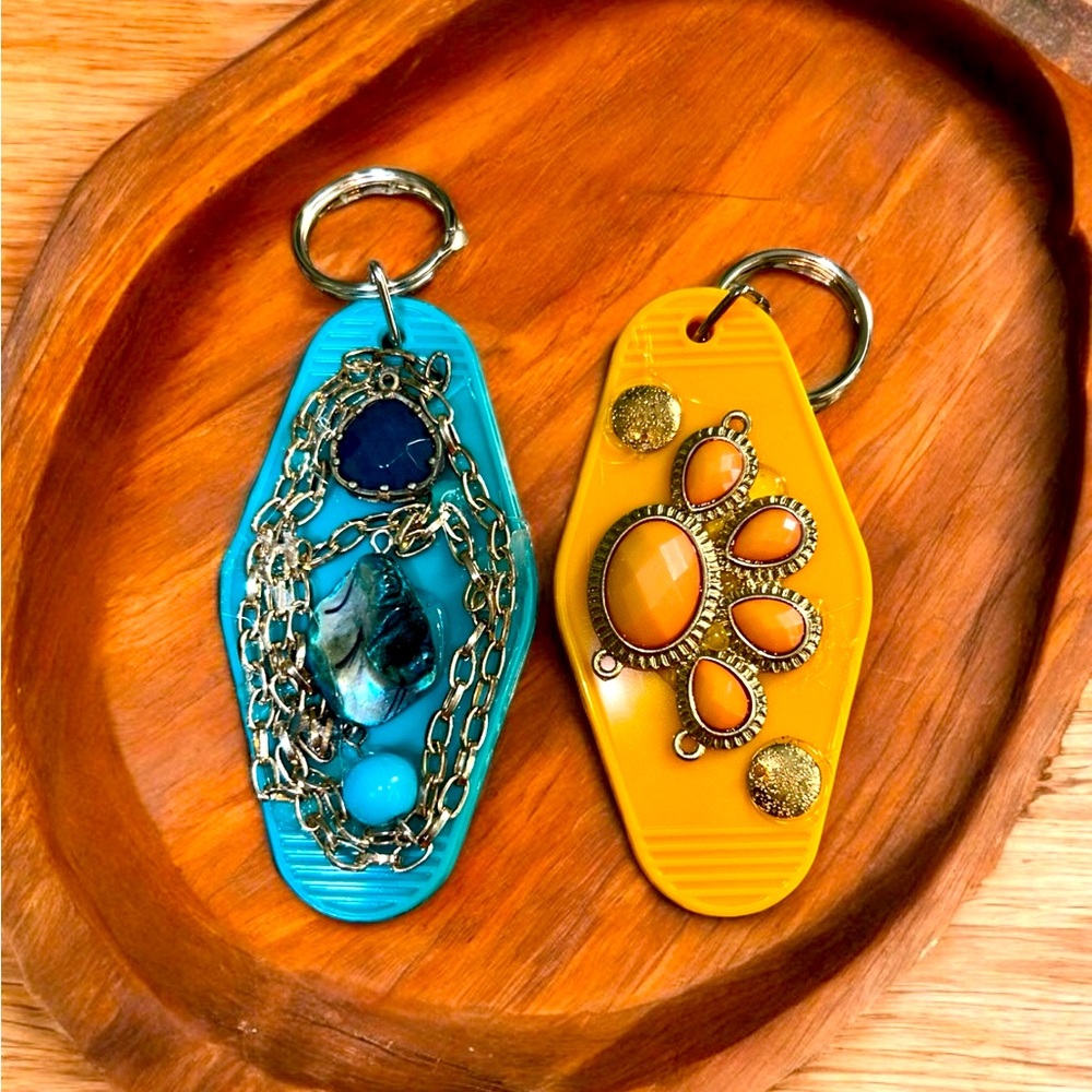 Keyrings. A pair of brightly colored decorated Keyrings. Hard to lose.